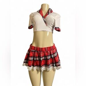 Plaid Red Mini Skirt with Lace Trim